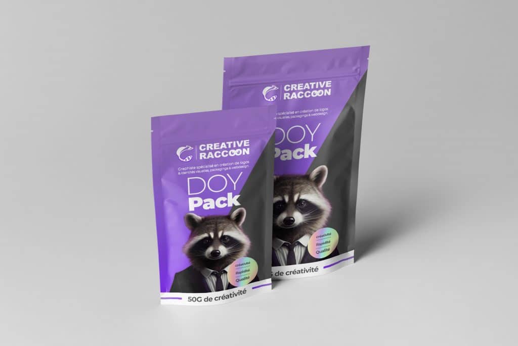 Mock up de doypacks floqués à l'image de marque de Creative Raccoon